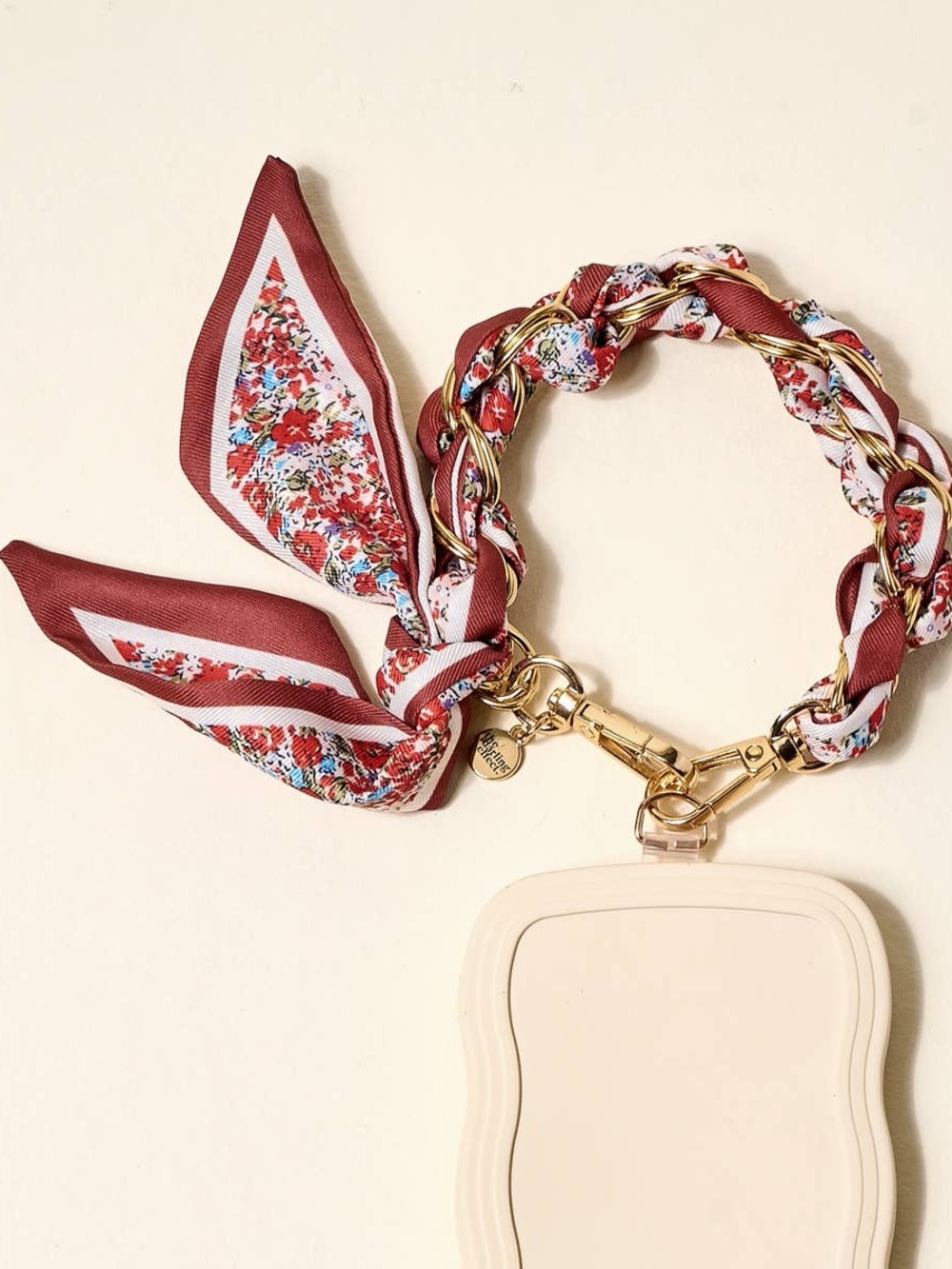 Floral Braided Phone Case Strap Bracelet in Burgundy with Gold Hardware